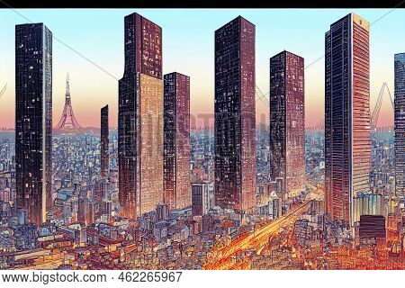 Cartoon Style Japan View Of Tokyo From A Height Evening In The Japanese Capital Tokyo Highway Reside