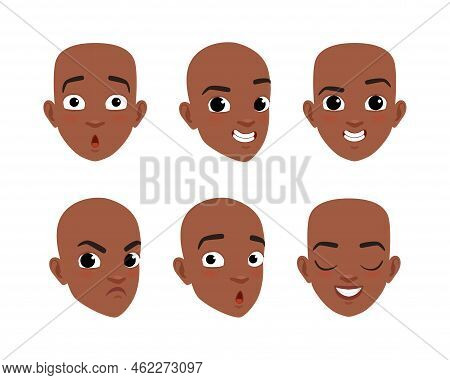 Face Of African American Boy With Different Emotions Set. Cute Child Character Creation, Constructor