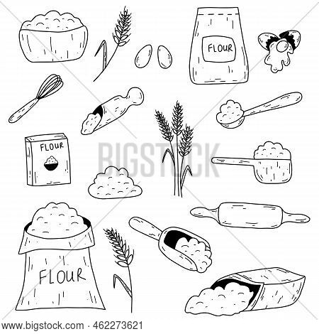 Baking Ingredients In Doodle Hand Drawn Style. Bag With Flour, Eggs, Kitchen Whisk, Rolling Pin, Whe