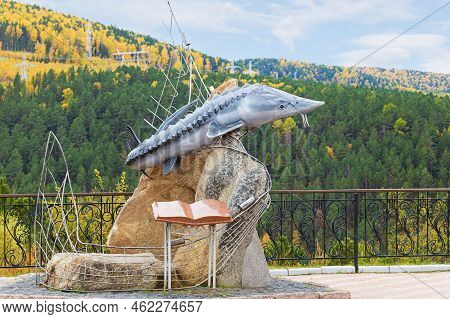 Krasnoyarsk, Russia - September 21, 2022: The Tsar-fish Sculpture On Sliznevsky Cliff At The Yenisei