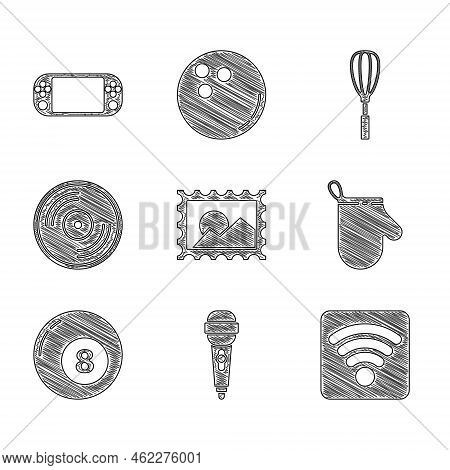 Set Postal Stamp, Microphone, Wi-fi Wireless Internet Network, Oven Glove, Billiard Pool Snooker Bal