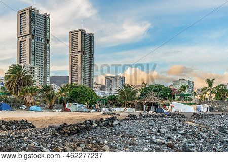 Santa Cruz De Tenerife, Spain - November 24, 2021: View From The Playa Negro Beach To The Torres De 