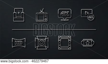 Set Line Cinema Chair, Hd Movie, Tape, Frame, Screen Tv With 4k, Play Video, Movie Spotlight, Retro,