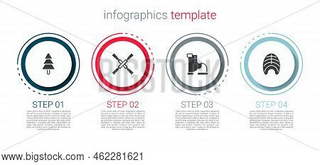 Set Tree, Oars Or Paddles Boat, Winter Warm Boot And Fish Steak. Business Infographic Template. Vect