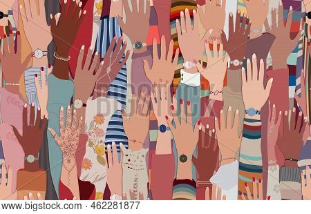 Seamless Pattern Background With Group Of Raised Hands Of Women Of Diverse Culture. Anti-racism Raci