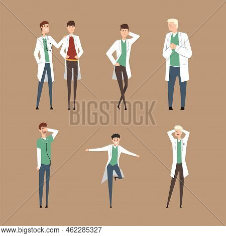Set Of Male Doctors Or Practicing Interns Standing Together Vector Illustration