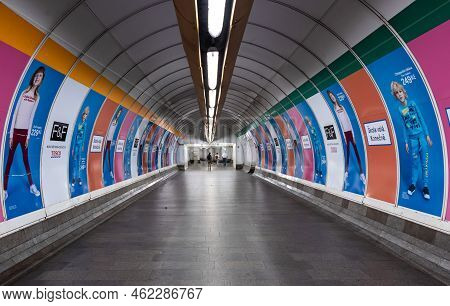Prague - Czech Republic - 08 01 2020 Colorful Pedestrian Tunnel Of The Mustek Station