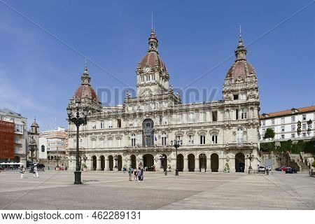 La Coruna, Spain - September 2, 2021: City Hall Or Municipal Palace Or Concello Da Coruna At The Pla
