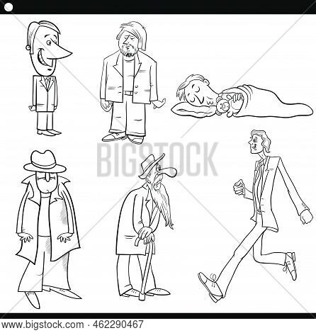 Black And White Cartoon Illustration Of Funny Men Comic Characters Set Coloring Page
