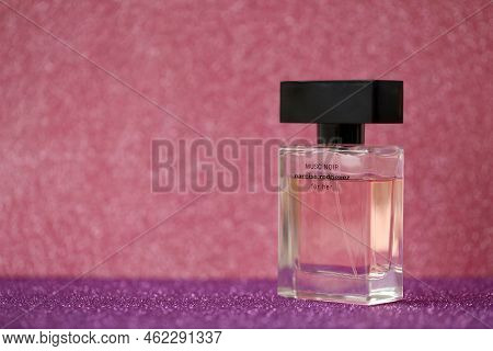 Ternopil, Ukraine - September 2, 2022 Narciso Rodriguez Musc Noir Perfume Bottle On Shiny Glitter Ba