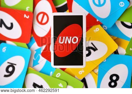 Ternopil, Ukraine - May 15, 2022: Many Colorful Uno Game Cards. Uno Is An American Shedding-type Car