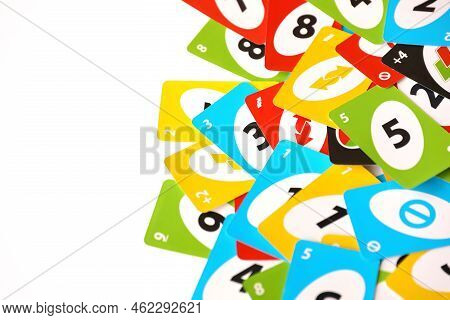 Ternopil, Ukraine - May 15, 2022: Many Colorful Uno Game Cards On White Background Close Up. Uno Is 