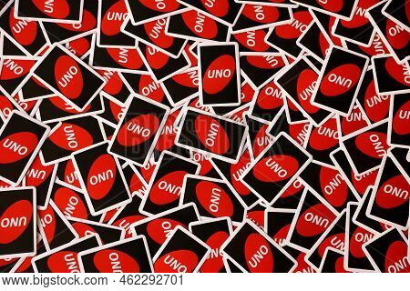 Ternopil, Ukraine - May 15, 2022: Many Colorful Uno Game Cards. Uno Is An American Shedding-type Car