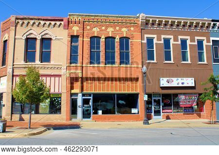 September 20, 2022 In Atchison, Ks:  Vintage Buildings With Retail Stores And Restaurants Taken In A