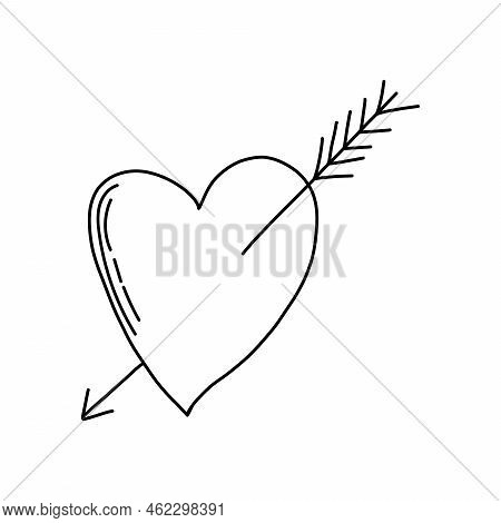 Broken Cracked Heart With Arrow Through In Hand Drawn Doodle Style. Simple Cute Vector Illustration.