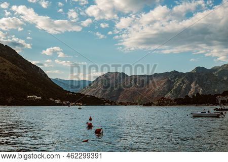 Amazing View Of Boko-kotor Bay, Montenegro. Beautiful Cloudy Sky. Travel Destination In Montenegro.