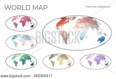 Low Poly World Map Set. Hammer Projection. Collection Of The World Maps In Geometric Style. Vector I