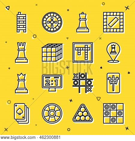 Set Line Board Game Of Checkers, Mahjong Pieces, Chess, Rubik Cube, And Bingo Icon. Vector