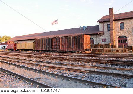 August 21, 2022 In Atchison, Ks:  Rail Cars On Railroad Tracks Besides The Atchison, Ks Trail Depot 