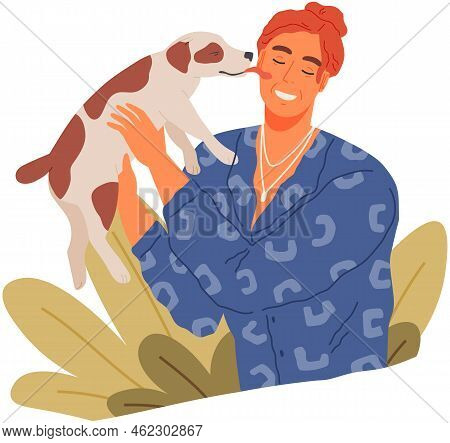 Female Pet Owner Plays With Dog. Caring Four-footed Friend. Happy Lady With Puppy, Domestic Animal L