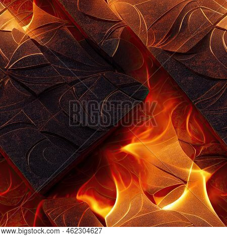 Stones Of Fire In A Path On Lava Texture Background And Tile Template. Close-up Of Fire Stones Of La