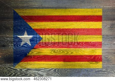 Catalonia Independence Flag On Rustic Old Wood Surface Background