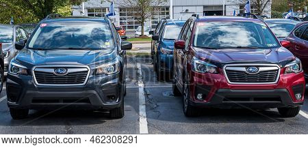 Monroeville, Pennsylvania, Usa September 25, 2022 Two Subaru Hatchbacks For Sale At A Dealership On 