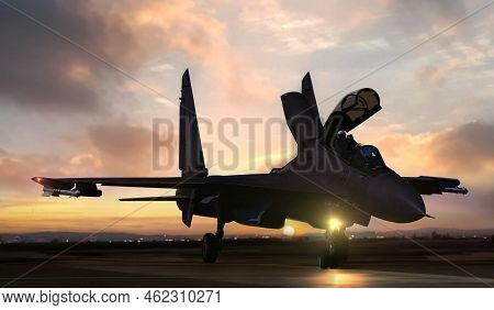 Fighter Jet On Air Force Base Airfield Getting Ready To Take Off At Sunset