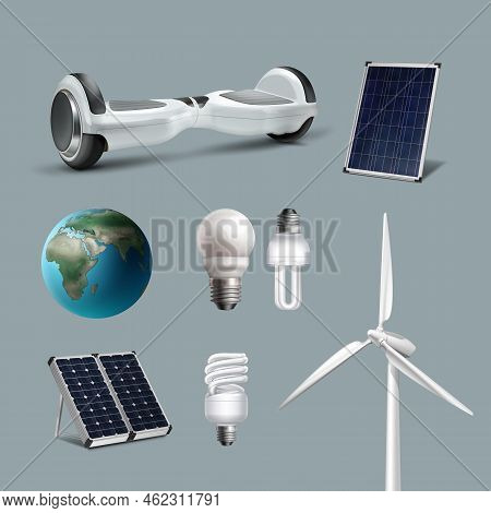 Vector Set Alternative And Renewable Energy With Wind-powered Electrical Generators, Solar Panels, E