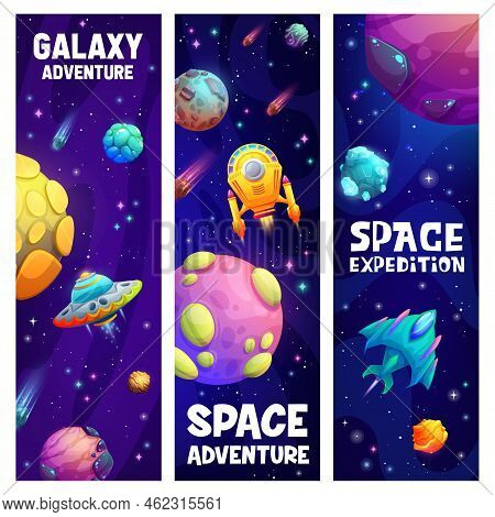 Space Expedition And Galaxy Adventure. Spacecrafts In Starry Universe. Cartoon Vector Banners With A