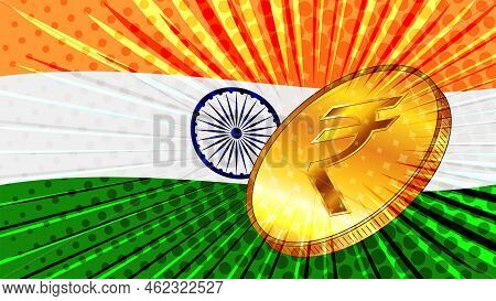 Gold Coin With Indian Currency Rupee Inr Sign And The Flag Of India. India Has Created Digital Rupee