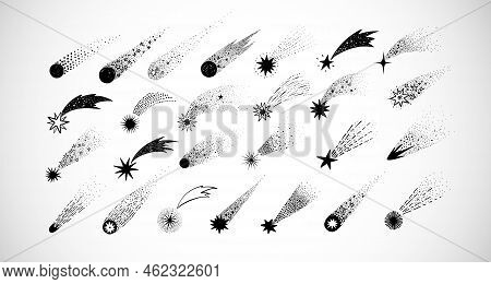 Collection Of Doodle Comets, Meteorites And Shooting Stars On White Background. Vector Sketch Illust