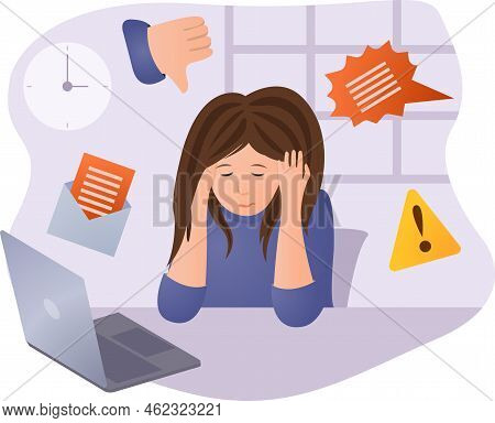Mental Health Issue, Burnout And Stress Concept. Tired Woman At Work Desk With Computer. Exhausted, 