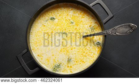 Creamy Fish Soup With Salmon, Potatoes, Onions , Carrots, Dill And Broccoli In A Pot. Kalakeitto- Tr