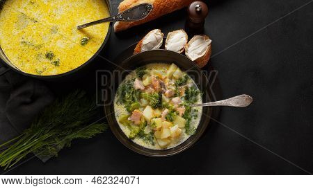 Creamy Fish Soup With Salmon, Potatoes, Onions , Carrots, Dill And Broccoli. Kalakeitto- Traditional