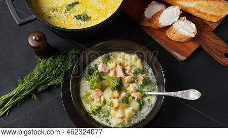 Creamy Fish Soup With Salmon, Potatoes, Onions , Carrots, Dill And Broccoli. Kalakeitto- Traditional