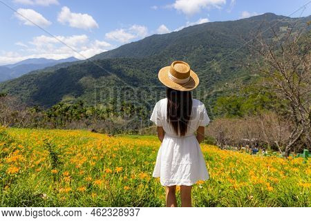 Tourist woman visit the Orange day lily flower field on mountain in Taimali of Taitung