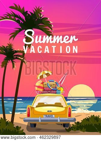 Suncet, Vacation Travel Yellow Car With Luggage Bags, Surfboard On The Beach. Tropical Seachore, Sky