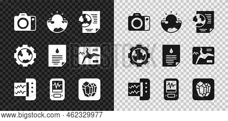 Set Photo Camera, Earth Core Structure Crust, Globe With Document, Seismograph, Gem Stone, Gear Whee