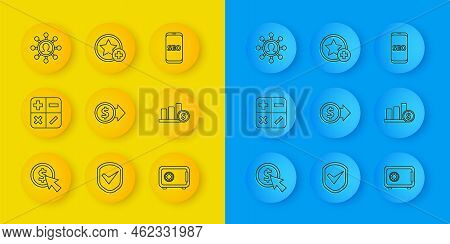 Set Line Cursor And Coin, Calculator, Coin Money With Dollar, Safe, Pie Chart Infographic, Business 
