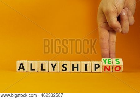 Allyship Yes Or No Symbol. Concept Words Allyship Yes Or Allyship No On Wooden Cubes. Businessman Ha
