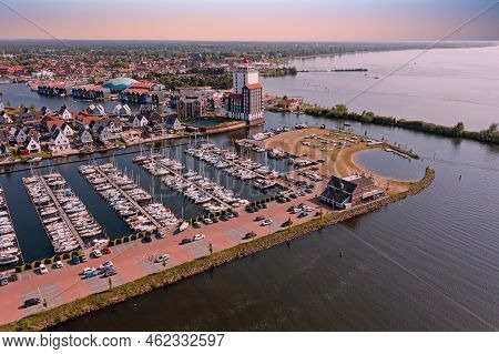 Aerial From The Harbor And City Harderwijk In The Netherlands At Sunset