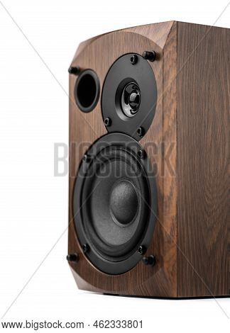 Music Speakers On White Background. Audio Technica. Bookshelf Speaker System For Home Entertainment.
