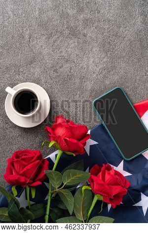 United States Election Design Concept With American Flag, Rose And Smart Phone