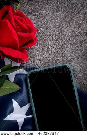 United States Election Design Concept With American Flag, Rose And Smart Phone