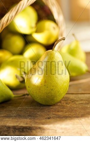 Pears On A Wooden Background. Fruit Harvest. Autumn Still Life. Pear Variety Bera Conference.