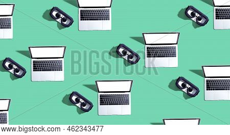 Tech Gear Theme With Vr Headset And A Laptop Computer