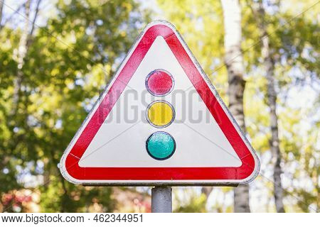 Road Sign Warning About Traffic Light Regulation Of The European Standard.german Road Sign: Traffic 