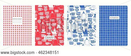 Cover Page Templates Based On Patterns With Dishes Made Of Clay, Plates, Cups. Swedish Break Fika