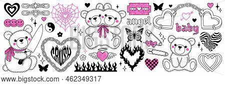 Y2k Glamour Pink Stickers In Trendy Emo Goth 2000s Style. Butterfly, Kawaii Bear, Flame, Heart Etc.